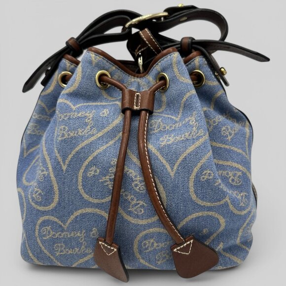Vintage Dooney & Bourke Blue Denim Canvas Hearts Sig Drawstring Bucket Bag - Picture 3 of 15
